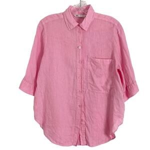 NWOT ZARA Shirt XS Linen Pink Oversized 3/4-Sleeve Curve-Hem Button-Up